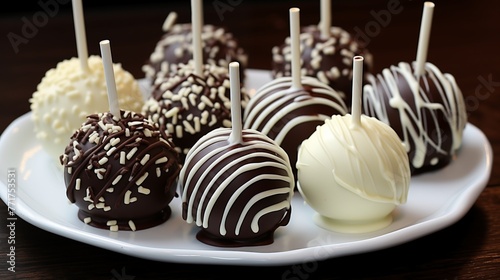 Cake pops dipped in chocolate and decorated with drizzled white chocolate.