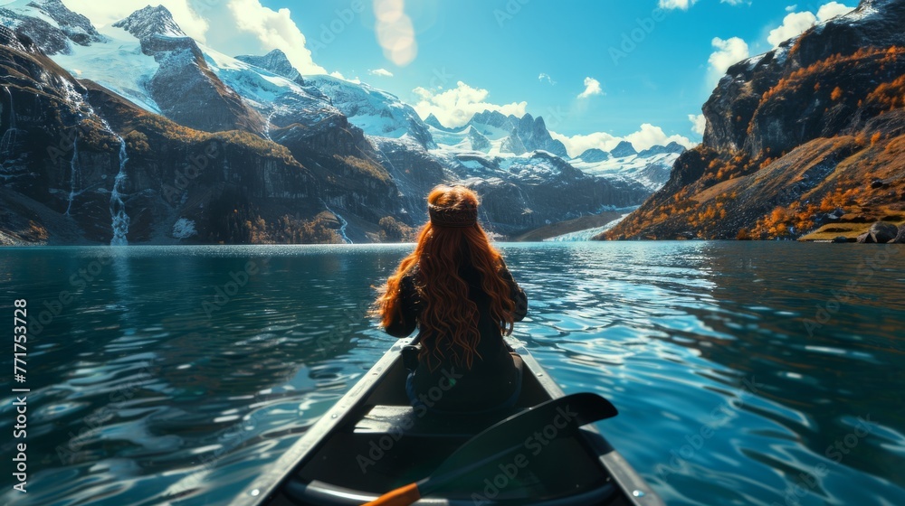 A woman in a boat amidst a snow-capped mountain range in a body of water A woman in a boat amidst a snow-capped mountain range in a body of water