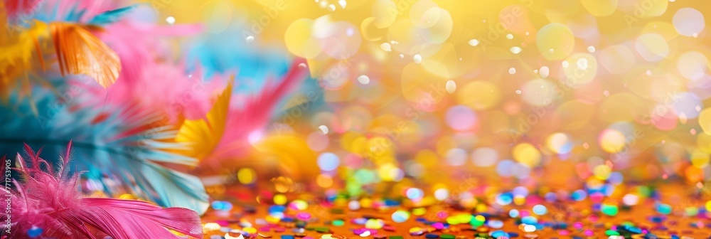 Colorful feathers and confetti create a vibrant mixture on a yellow background. Generative AI