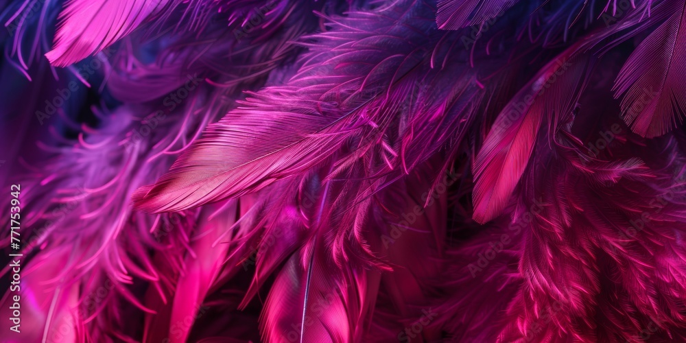 Close up of pink and purple feathers on black background. Generative AI