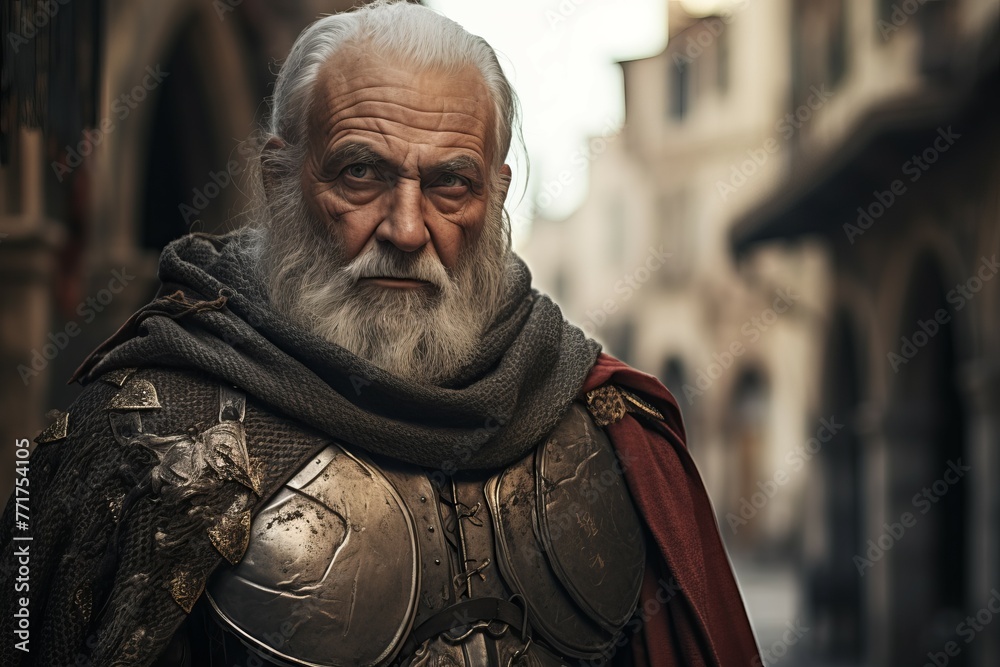 Chivalrous Medieval knight old man. History war. Generate Ai