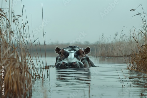 Hippopotamus submerged in water with grass. African savannah and wildlife concept. National Reserve, Kenya. Ecosystem conservation. Design for banner, poster with copy space