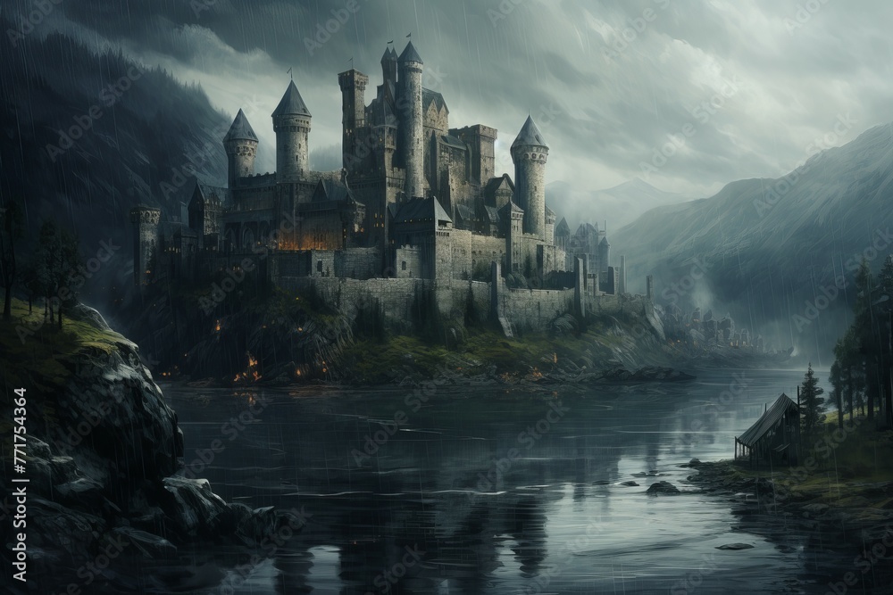 Naklejka premium Labyrinthine Medieval castle building. Forest old palace. Generate AI