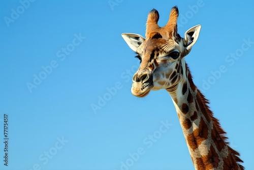 Giraffe head against blue sky. African savannah and wildlife concept. National Reserve, Kenya. Ecosystem conservation. Design for banner, poster with copy space