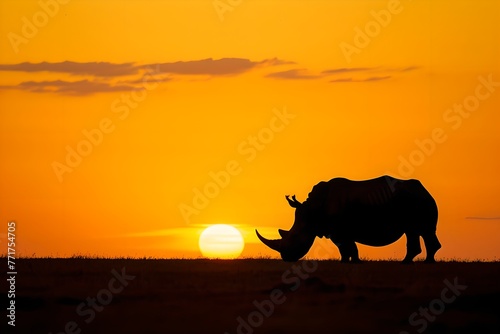 Rhinoceros walking at sunset. African savannah and wildlife concept. National Reserve  Kenya. Ecosystem conservation. Design for banner  poster with copy space