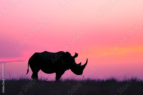 Rhinoceros silhouette against colorful sunset. African savannah and wildlife concept. National Reserve, Kenya. Ecosystem conservation. Design for banner, poster with copy space