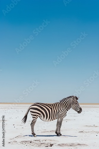 Zebra standing in desert landscape. African savannah and wildlife concept. National Reserve, Kenya. Ecosystem conservation. Design for banner, poster with copy space