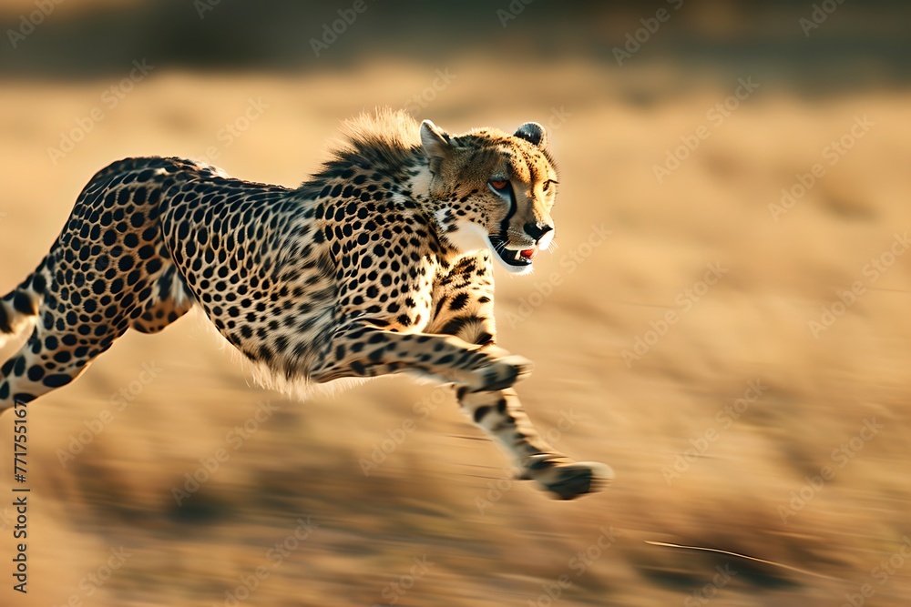 Cheetah running in savanna. African savannah and wildlife concept. National Reserve, Kenya. Ecosystem conservation. Design for banner, poster Cheetah running in savanna. African savannah and wildlife concept. National Reserve, Kenya. Ecosystem conservation. Design for banner, poster