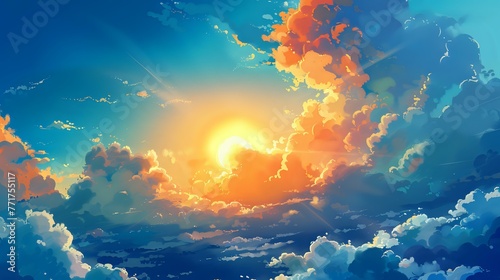 Blue sky clouds background, Beautiful landscape with clouds and orange sun on sky