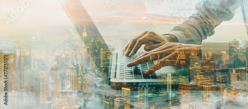 Close-up of hands on laptop, cityscape background. Double exposure merges tech with urban. Represents global connectivity, remote work, digital influence on city life. Businesslike, cosmopolitan vibe.