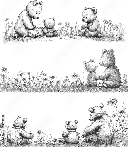 Set of 3 vector panoramic pictures with family of toy bears with their kid sitting at grassy lawn. Cute summer picnic black and white illustration of toy bear family