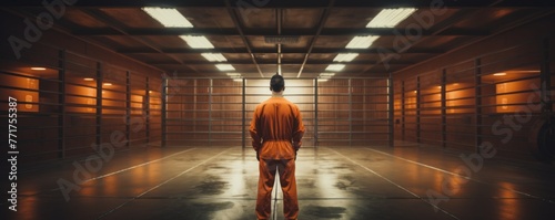 Men prisoner in orange suit lives in prison, banner. Generative Ai