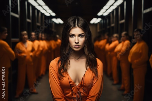 Women prisoner is wearing orange suit and lives in prison. Generative Ai