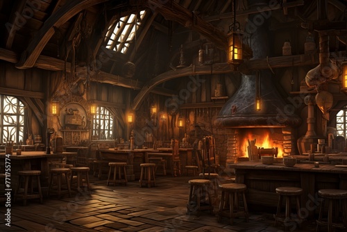Inviting Medieval tavern exterior. Old pub bar. Generate Ai