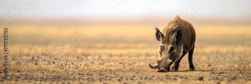 Warthog walking in dusty savanna. African savannah and wildlife concept. National Reserve, Kenya. Ecosystem conservation. Design for banner, poster with copy space