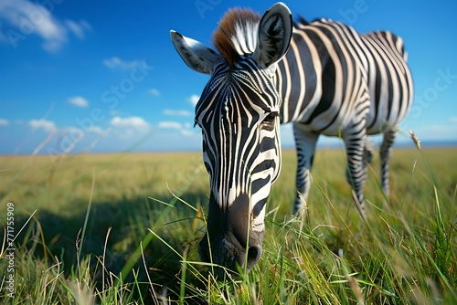 Zebra grazing in grassland. African savannah and wildlife concept. National Reserve  Kenya. Ecosystem conservation. Design for banner  poster with copy space
