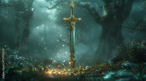 fantasy medieval sword in the forest