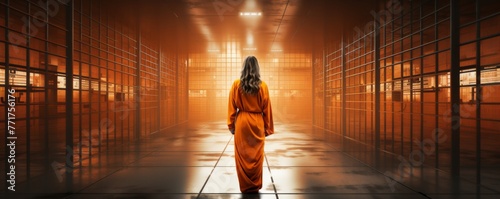 Women prisoner in orange suit lives in prison, banner. Generative Ai