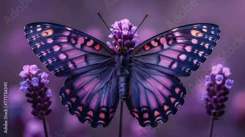 A macro photo shows a clear butterfly on a purple flower against a slightly blurred backdrop