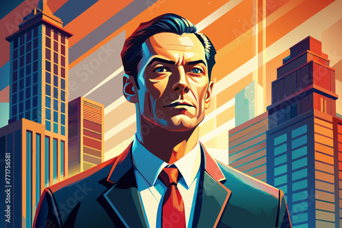 Ilustración vectorial de un hombre con corbata roja y fondo de ciudad