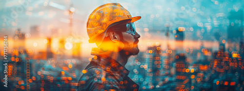 Silhouette of man in yellow helmet amidst construction,generative ai