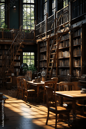 Diseño Elegante de una biblioteca clásica con luz natural 