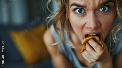 Close-up of a disappointed expression on the face of a woman eating a worm. Woman looking at camera disappointed eating an edible worm in unusual scene.