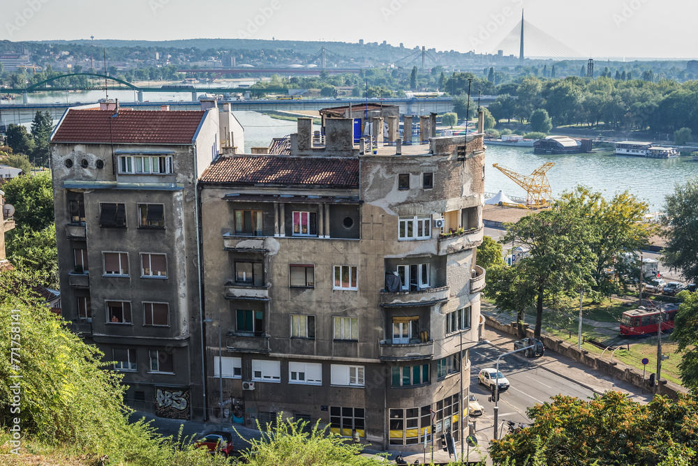 View from Kalemegdan Park in Belgrade with Sava river bank and Old Sava Bridge, Serbia