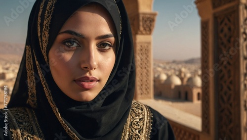 Beautiful arabic girl in traditional black dress with hijab