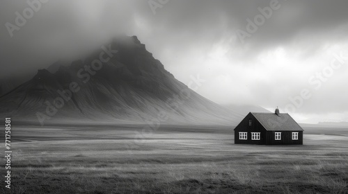  A grayscale picture of a modest dwelling surrounded by greenery, featuring a distant peak as a backdrop photo