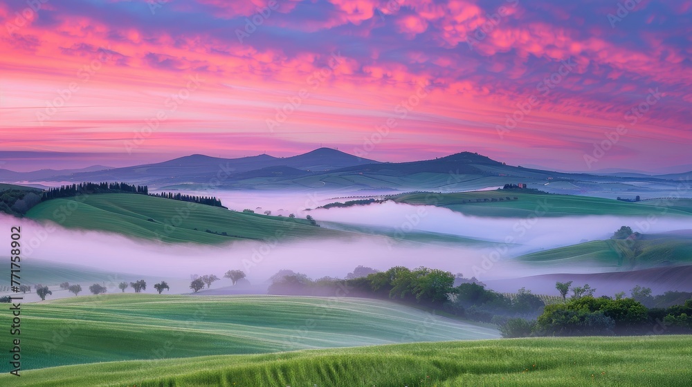  rolling hills, pink, purple sky, foggy valley