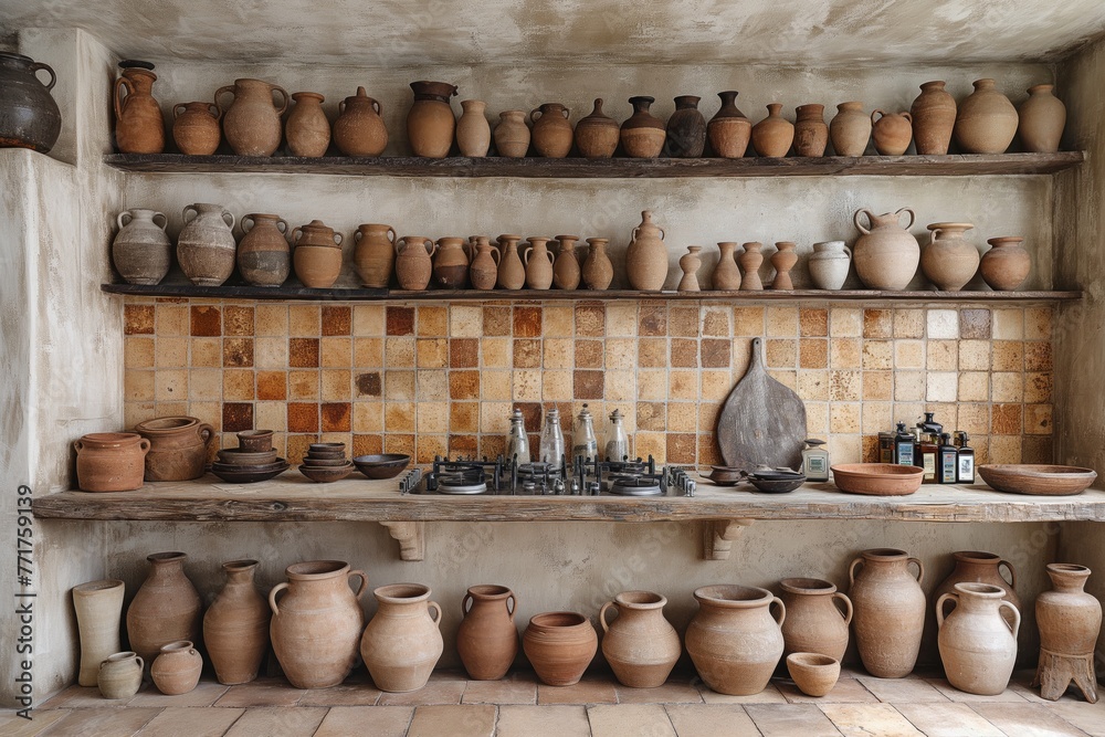 An assortment of pottery on wooden shelves in a ceramic workshop An assortment of pottery on wooden shelves in a ceramic workshop