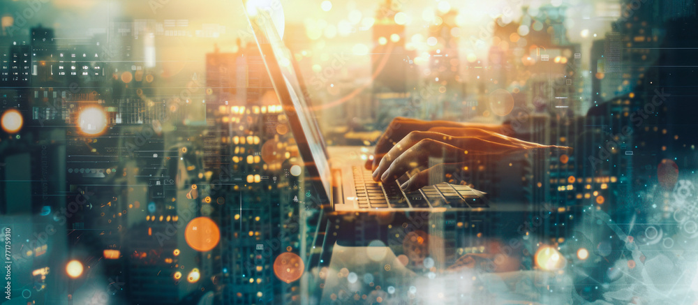 Fototapeta premium Close-up of hands on laptop, cityscape background. Double exposure merges tech with urban. Represents global connectivity, remote work, digital influence on city life. Businesslike, cosmopolitan vibe.