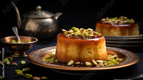 Indian Gulab Jamun Cake, a cake made with spongy dumplings soaked in a rosewater syrup and topped with chopped nuts. photo