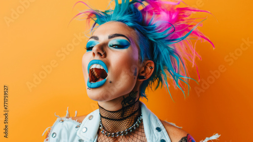 Edgy punk rock aesthetic, vibrant blue and pink mohawk, dynamic pose, bold orange background. Rebellious spirit, alternative fashion statement.