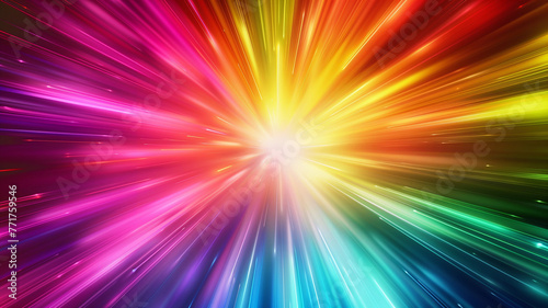 Flash rainbow abstract colorful background design. Multi-colored stripes and lines in perspective and converging into a point. Explosive light speed rays effect. Flash of bright light. Digital art. 