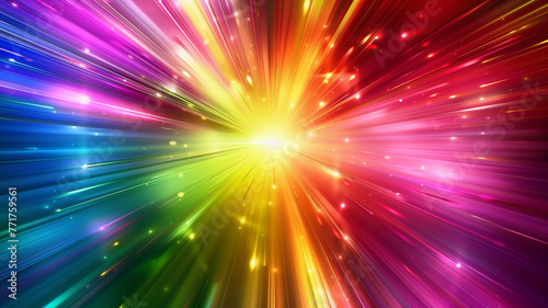 Flash rainbow abstract colorful background design. Multi-colored stripes and lines in perspective and converging into a point. Explosive light speed rays effect. Flash of bright light. Digital art. 