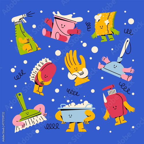 Household utensils for cleaning the house. A set of cute funny characters. Bucket, basin, soap, brush