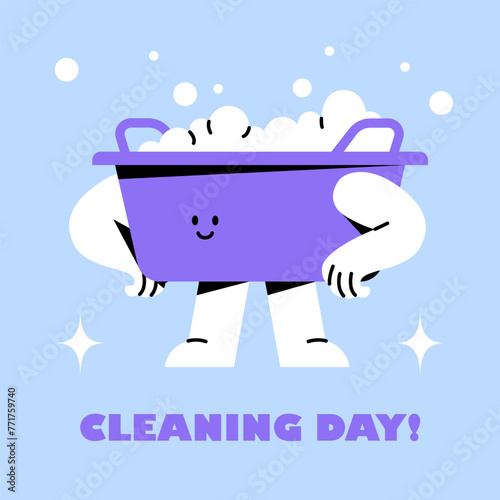 The basin with foam and bubbles is smiling. Funny cute character. Cleaning day sticker.