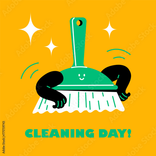 The cleaning broom is smiling. A brush with hands and feet. Funny cute character. Cleaning day sticker.