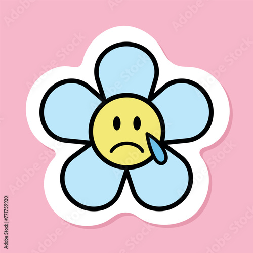 crying daisy flower emoji sticker, cartoon flower with tears, black outline, sad chamomile character on pink background, groovy aesthetic, vector design element