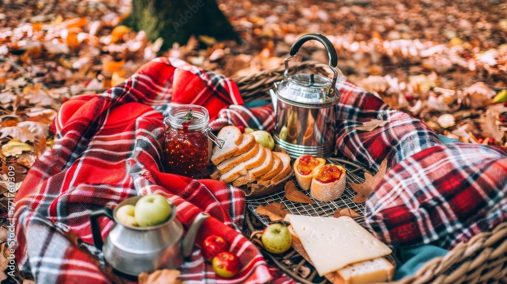  A picnic basket with bread, jams, apples, and a teapot on a blanket in the leaves