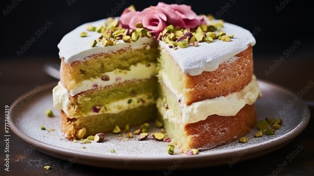 Rosewater cake with a pistachio filling and a dusting of powdered sugar. Rosewater cake with a pistachio filling and a dusting of powdered sugar.