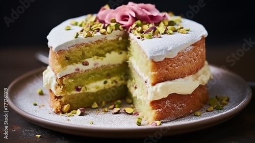 Rosewater cake with a pistachio filling and a dusting of powdered sugar.