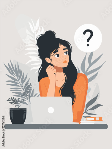 businesswoman sitting on a chair with a laptop Question or problem solving, think about answer or solution, contemplation, doubt or concentration, FAQ frequently asked questions