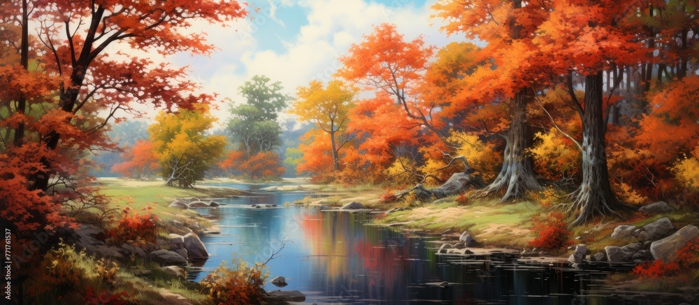 An art piece depicting a natural landscape with a river, trees in autumn, and a cloudy sky. The water reflects the colorful foliage, creating a serene scene