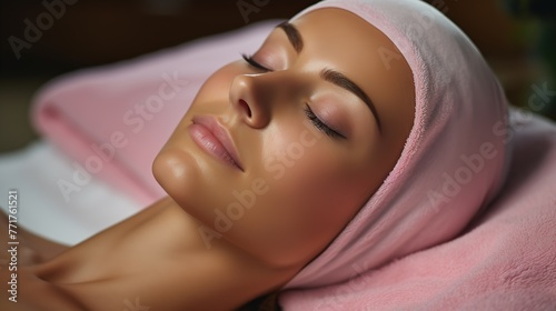 Wellness and spa, young woman relaxing, skin care.