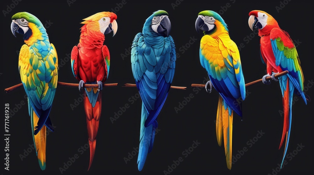 Parrots set collection. Isolated on black background . Generative AI