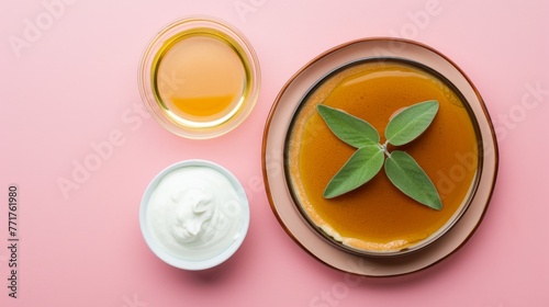  A platter featuring a verdant foliage, bowl of yogurt, and cup of yogurt