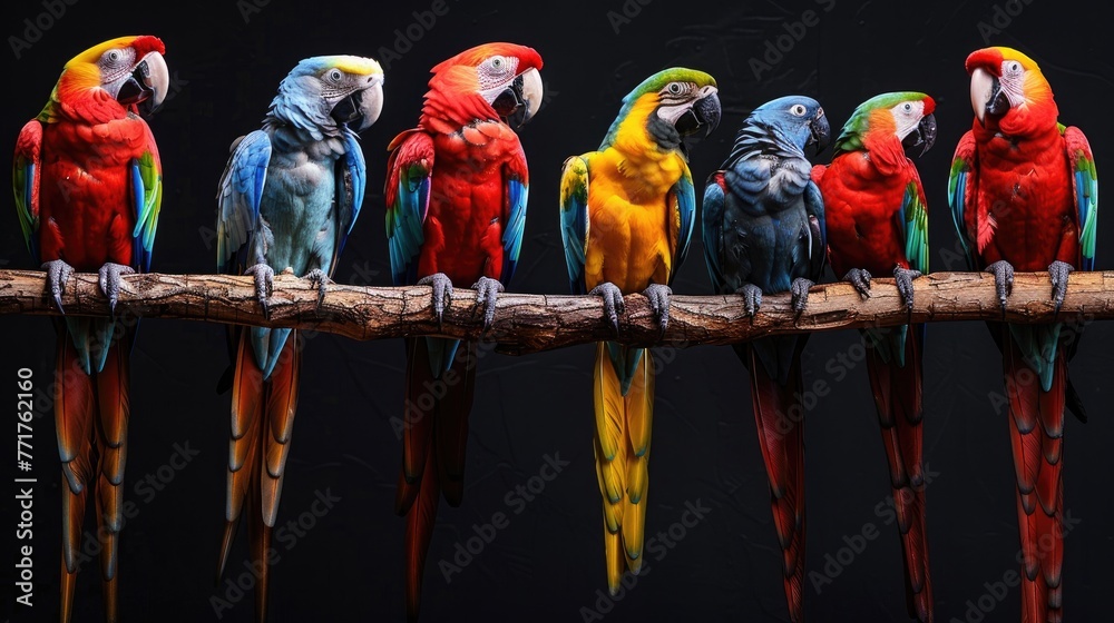 Obraz premium Parrots set collection. Isolated on black background . Generative AI